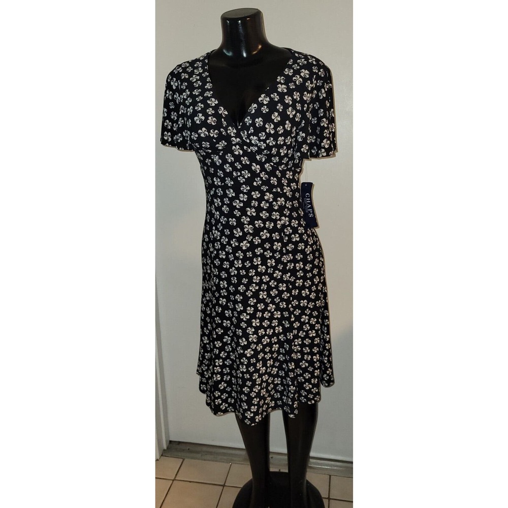 Vintage Chaps Size Small Women's Black & White Faux Wrap Knee Length Dress NWT